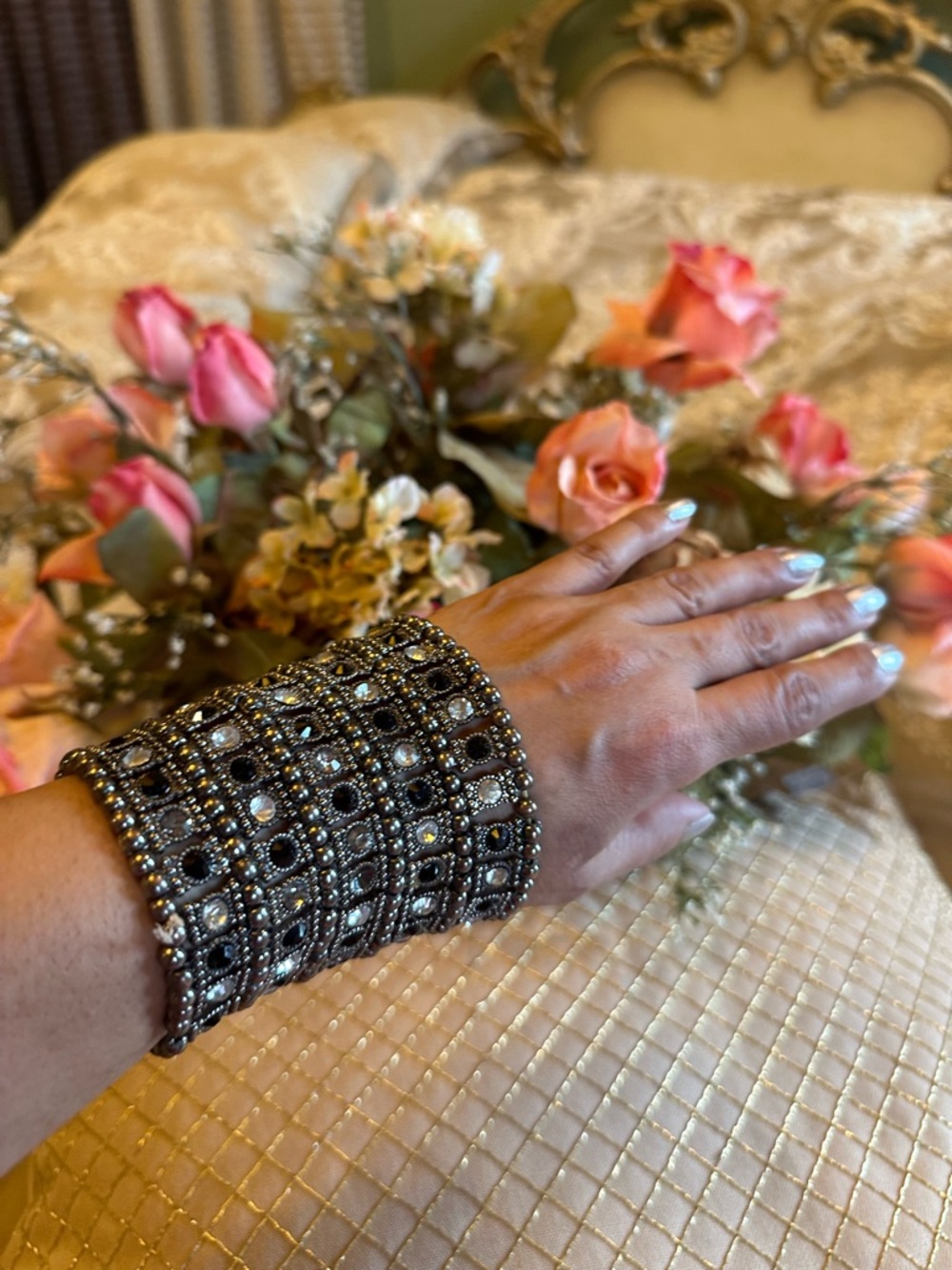Wide Black and Silver Crystal Cuff Bracelet - Elegant Statement Jewelry